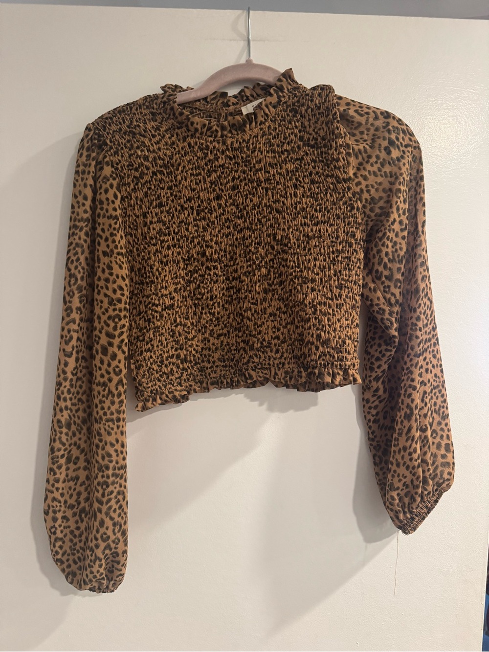 ILLA ILLA Leopard Smocked Long Sleeve Crop Top Brown Women’s Small